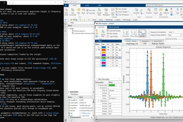 Ein KI-Agent vergleicht mithilfe des Matlab Agentic Toolkits FIR-Filterentwürfe in der Filter Analyzer-App.