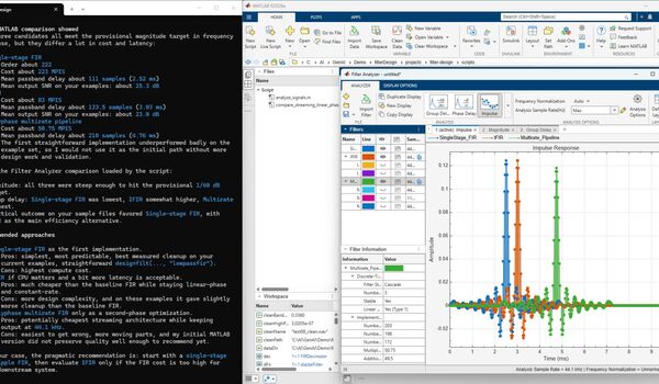 Ein KI-Agent vergleicht mithilfe des Matlab Agentic Toolkits FIR-Filterentwürfe in der Filter Analyzer-App.