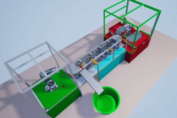 In 3D modelliertes Beispiel einer Strecke für den Materialtransport mit zwei Roboterarmen