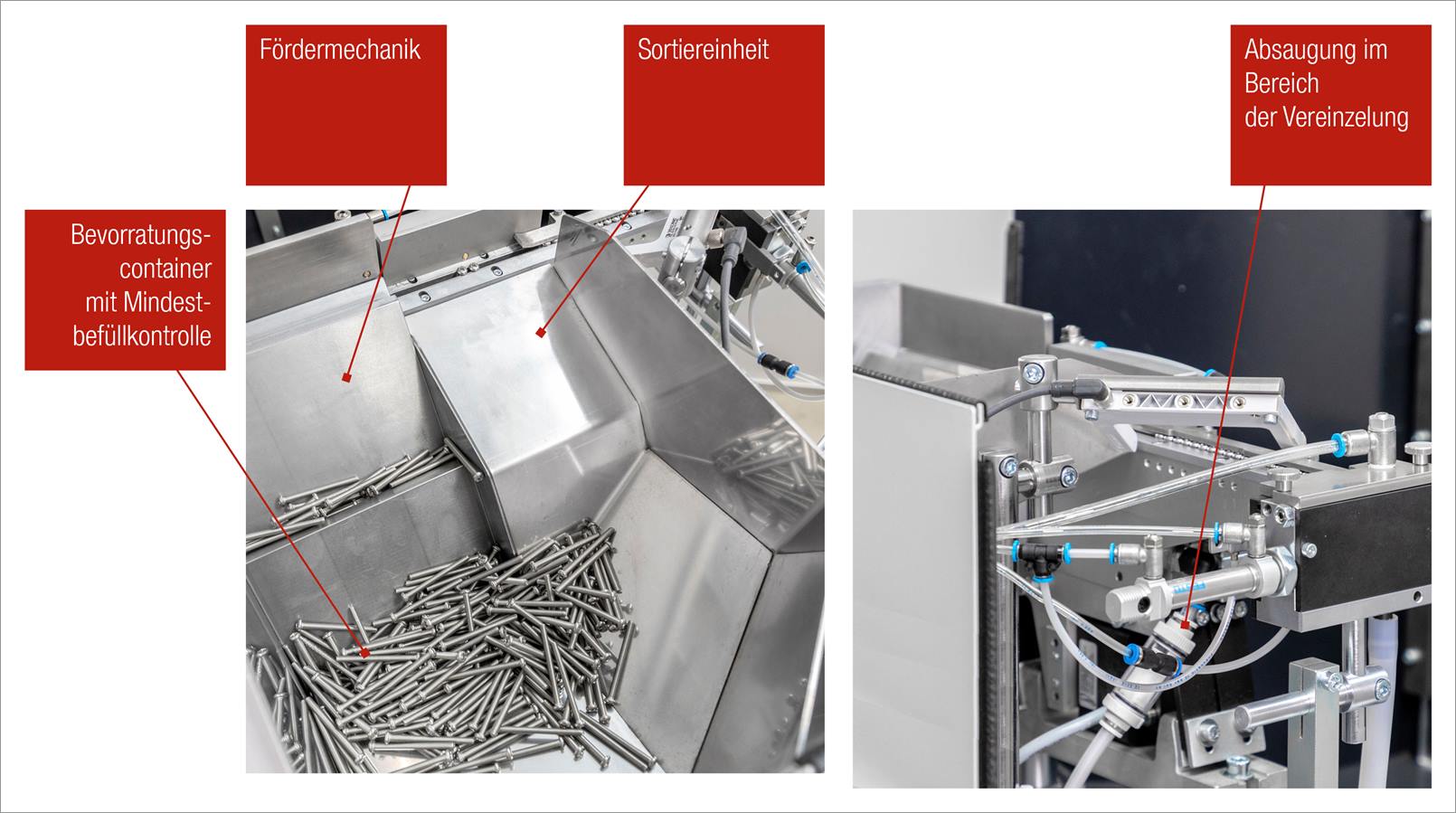 Zuführsystem: Stufenförderer für Reinraumanwendung mit Absaugung von Schmutzpartikeln.