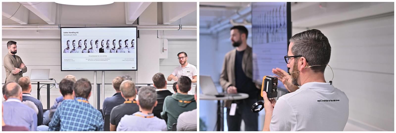 Arnaud Rollin (links), Machine Vision und IIoT Ingenieur bei Zubler Handling AG und Martin Buchmann, Manager Applikation bei B&R zeigen eine Weltneuheit: 12 Kameras in Höchstpräzision synchronisiert!