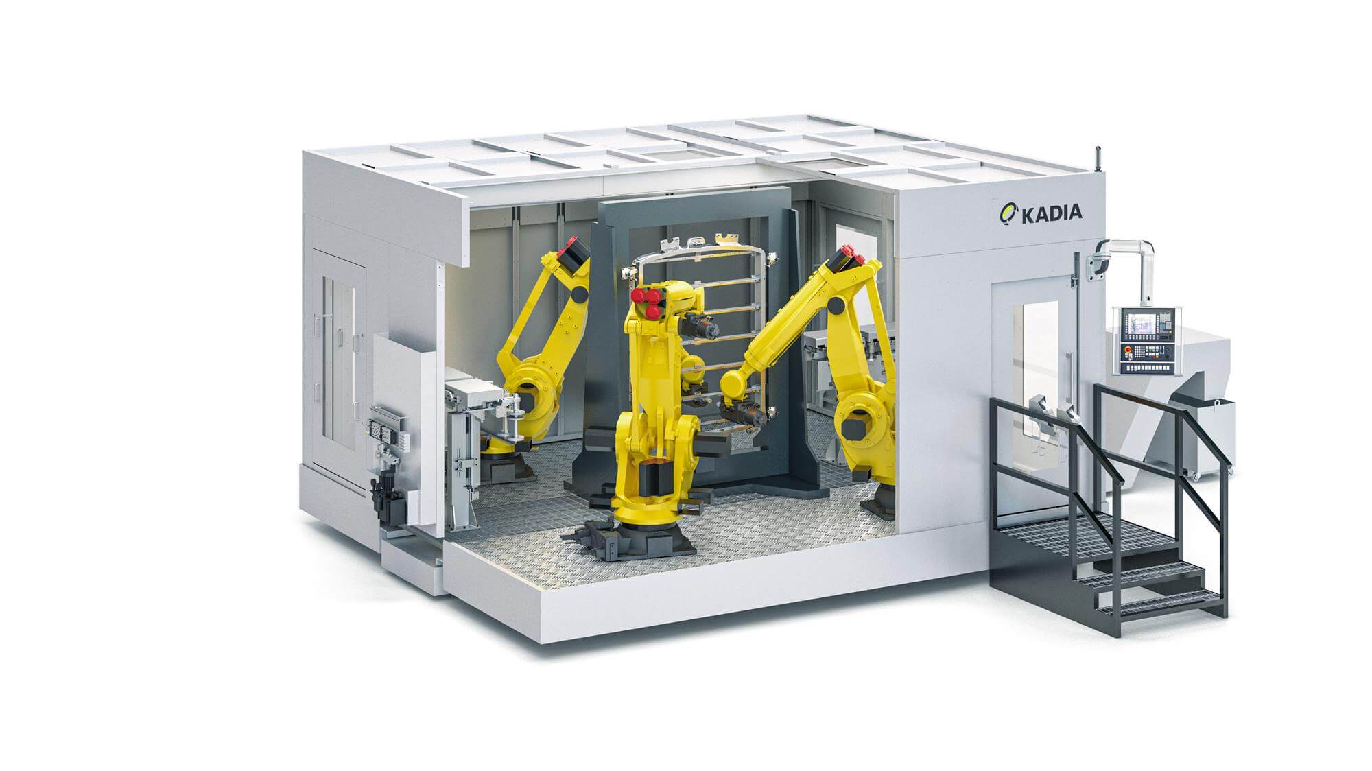 Das Layout der Sondermaschine sieht den Einsatz von drei Robotern vor.