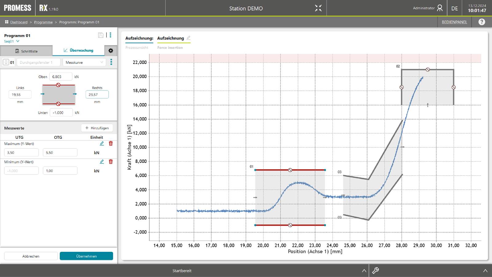Die Software RX mit Kraft-/Weg-Überwachung.