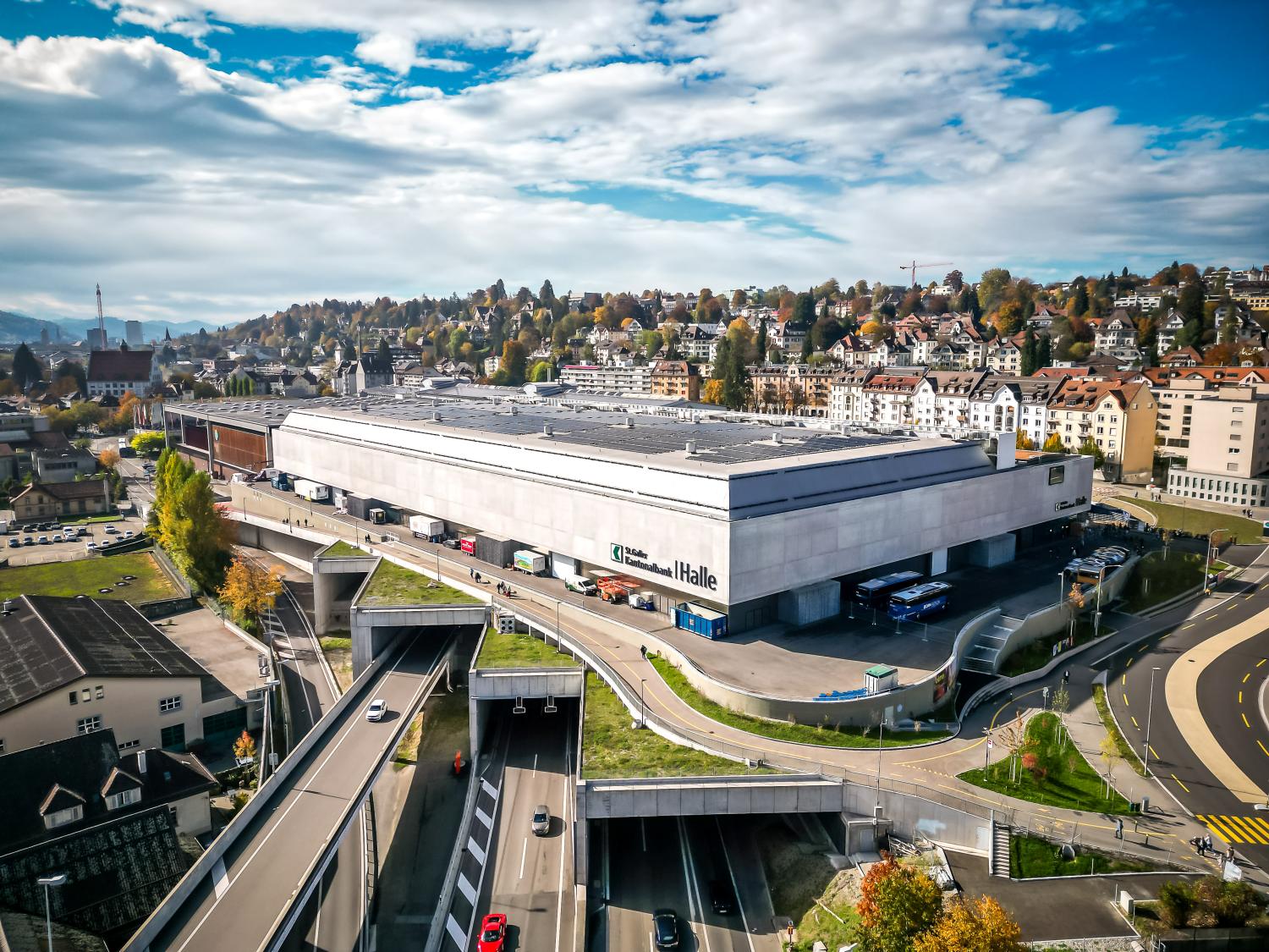 PreXcon auf dem Olma-Messegelände in St.Gallen Drohnenaufnahme des Olma-Messegeländes in St.Gallen