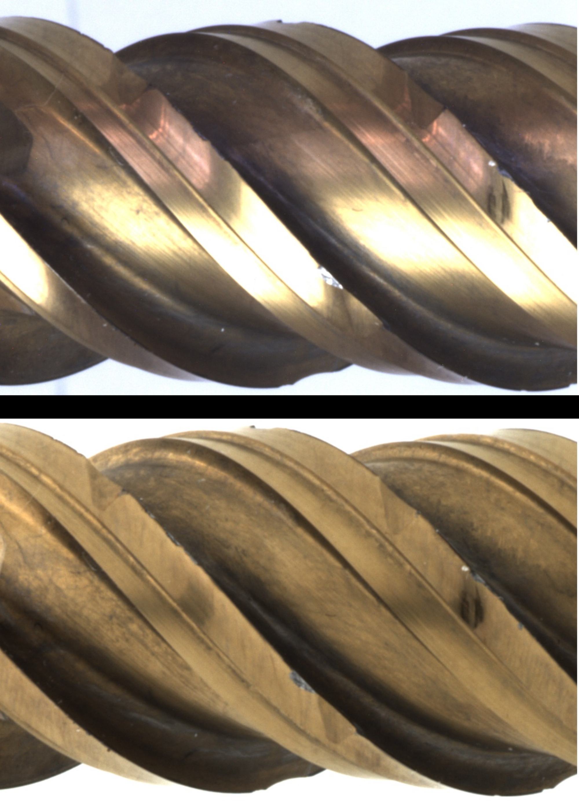 Vergleich direkter diffuser Beleuchtung mit dem neu patentierten Bildgebungsverfahren zur Unterdrückung von Reflexionen bei TiCN-beschichteten Schneiden.