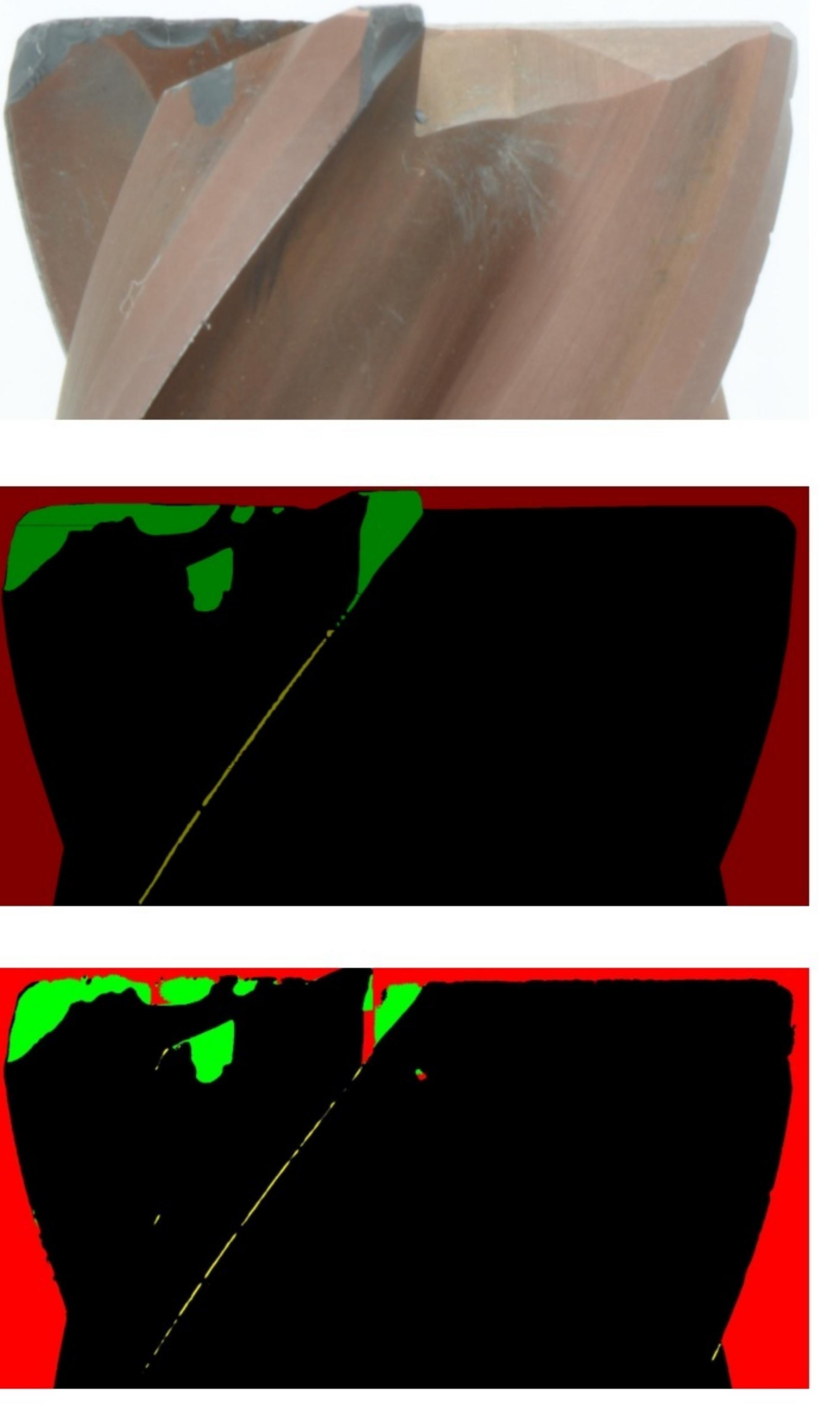 Segmentierungsergebnisse eines TiCN-beschichteten Fräswerkzeugs. Oben – Rohbilder, Mitte – Ground-Truth-Maske, unten – vom CNN vorhergesagte Segmentierung.