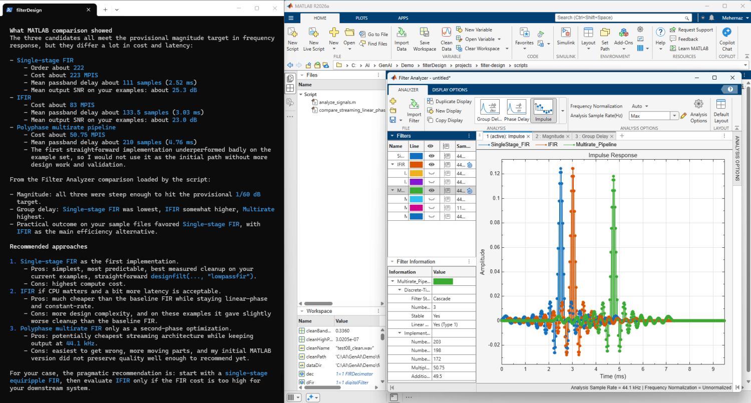 Ein KI-Agent vergleicht mithilfe des Matlab Agentic Toolkits FIR-Filterentwürfe in der Filter Analyzer-App.